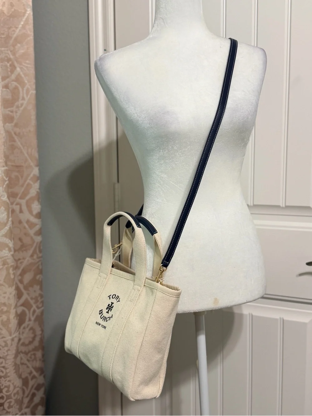 Tory Burch Cream/Navy Canvas Tote with  Leather Strap